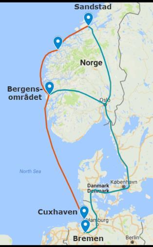 4 ANALYSERTE ALTERNATIVER Analysen sammenligner dagens løsning, kalt lastebilalternativet, med en sjøbasert logistikkløsning, kalt sjøtransportalternativet, for transport av fersk laks fra Norge til
