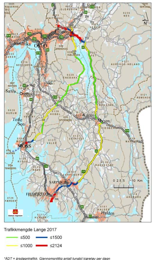 Trafikkmengde for tunge kjøretøy Mest trafikk med tunge kjøretøy i tilknytning til byområdene rundt Nedre