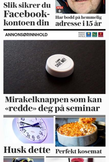 3 Videre ble også følgende publisert på VG-fronten i mars 2018: KLAGEN: Klager A mener VG har brutt punkt 2.6 i Vær Varsom-plakaten (VVP), om å skille tydelig mellom journalistikk og reklame.