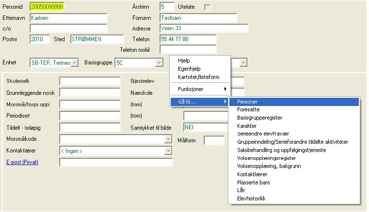 2. Man vil da hoppe med eleven fra elevregisteret til personregisteret i Extens.