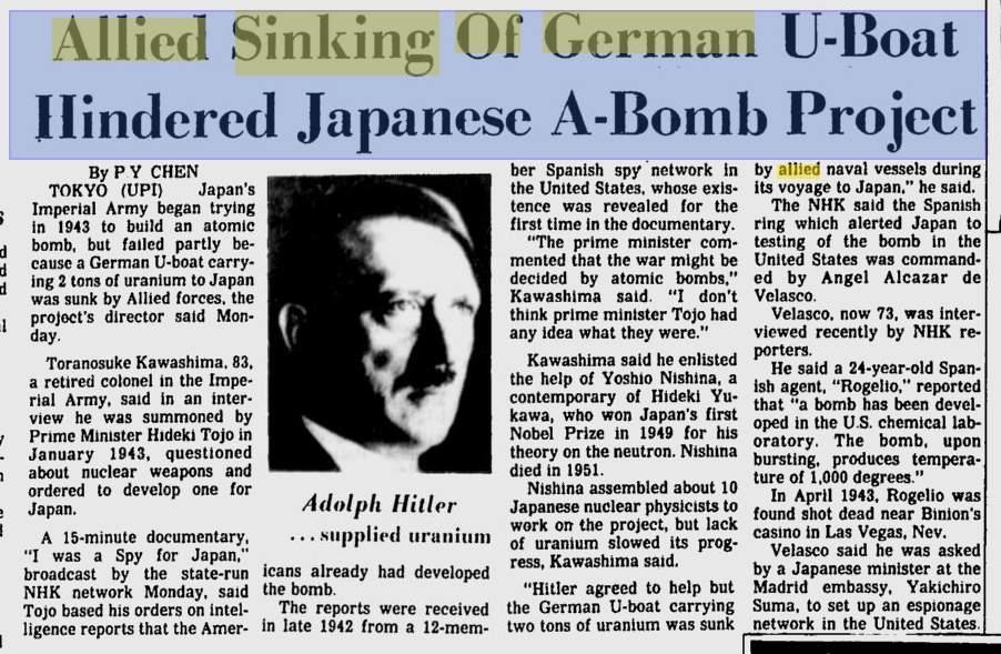 1982: United Press International: Kawashima avslører at Hitler sendte uran