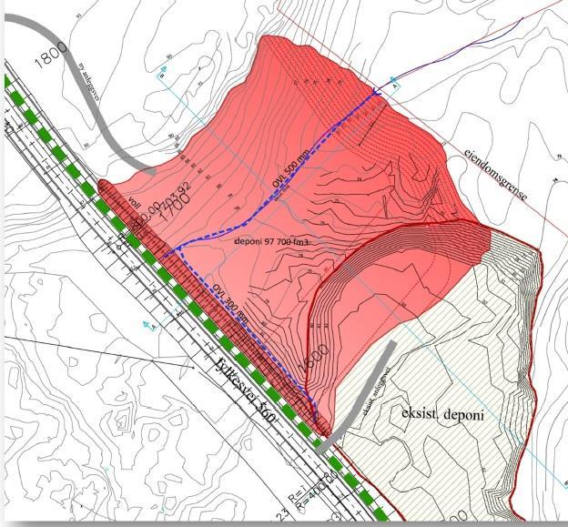 Figur 3 Illustrasjonstegning fra søknad om utvidelse av deponi desember 2013. Tillatelse til fylling ble gitt 3.1.2014. Massekvalitet: Inntil 2015 ble det stort sett fylt renskemasser i deponiet.