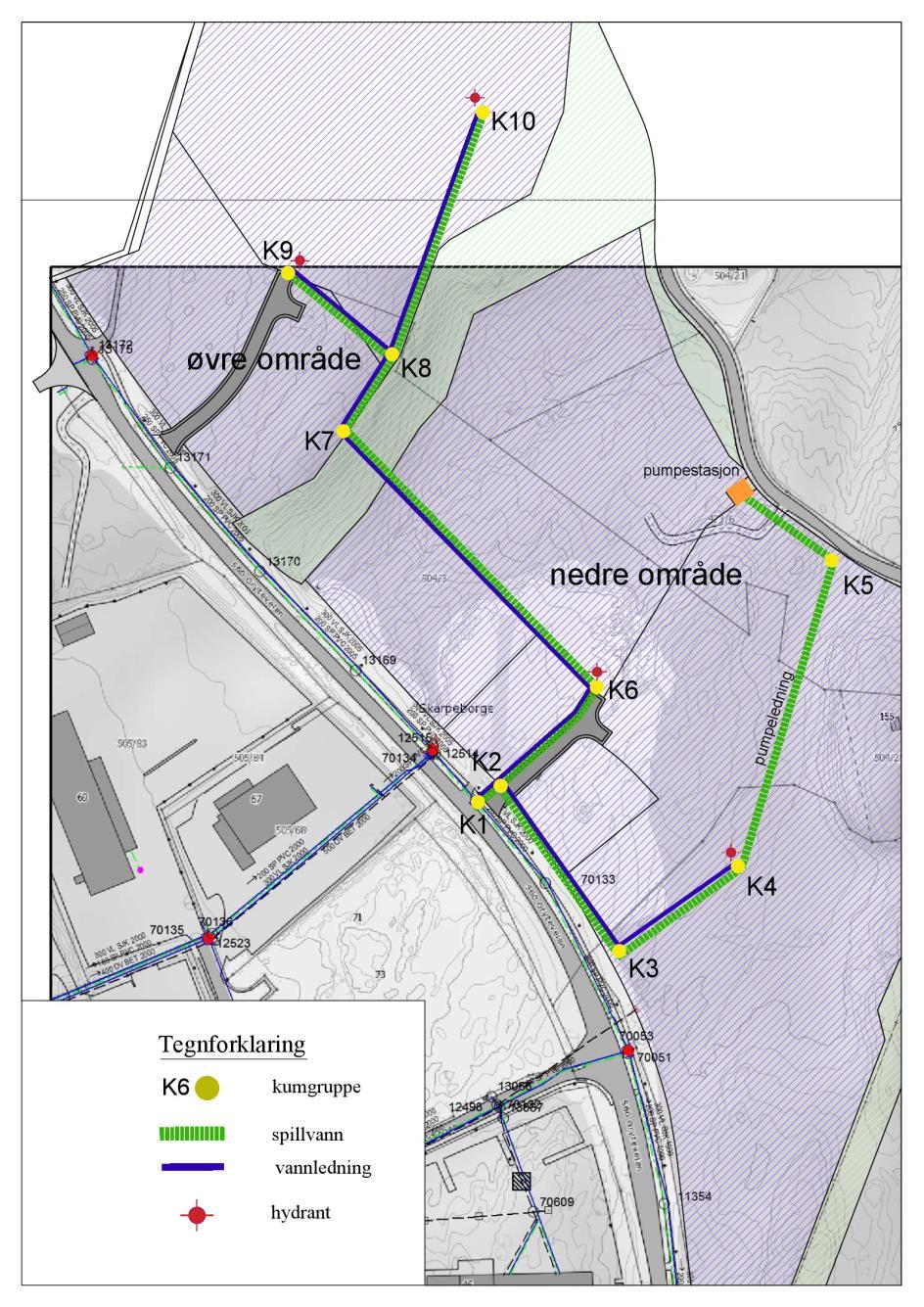 5.10 Teknisk infrastruktur Figur 11 Eksisterende ledningsanlegg og antatte hovedtraseer for internt VAsystem i planområdet Vann Vannforsyningen til området vil komme fra 300 mm forsyningsledning i