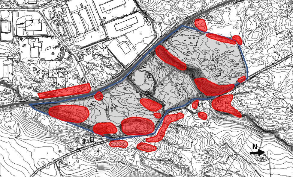 Figur 23 Observert fjell i dagen er omtrentlig merket med rødt og reguleringsområdet er omtrentlig vist med blått (Grunnteknikk AS) Løsmassekart fra NGU.