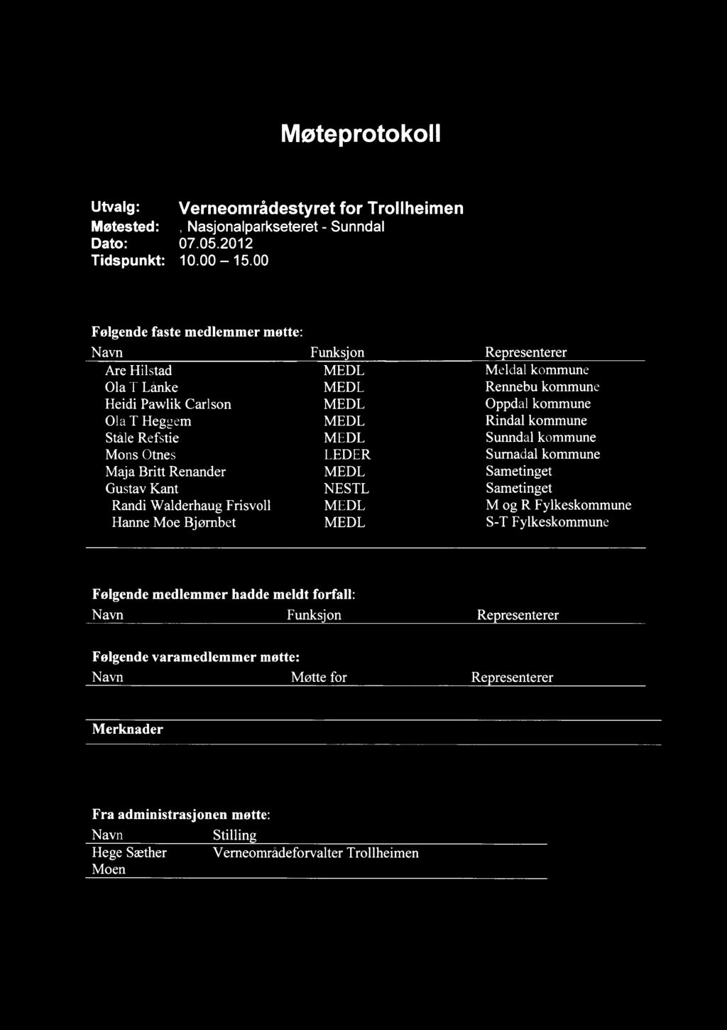 Møteprotok oll Utvalg: Verneområdestyret for Trollheimen Møtested:, Nasjonalparkseteret - Sunndal Dato: 07.05.2012 Tidspunkt: 10.00 15.