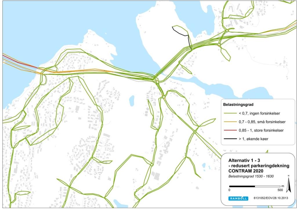 Figur 13: Belastningsgrad maksimaltime 1530-1630 CONTRAM 2020, øverst alt 1-3, nederst alt 1-3 redusert Sammenlignet med alternativ 1-3 viser beregningene av alternativ 1-3-red.