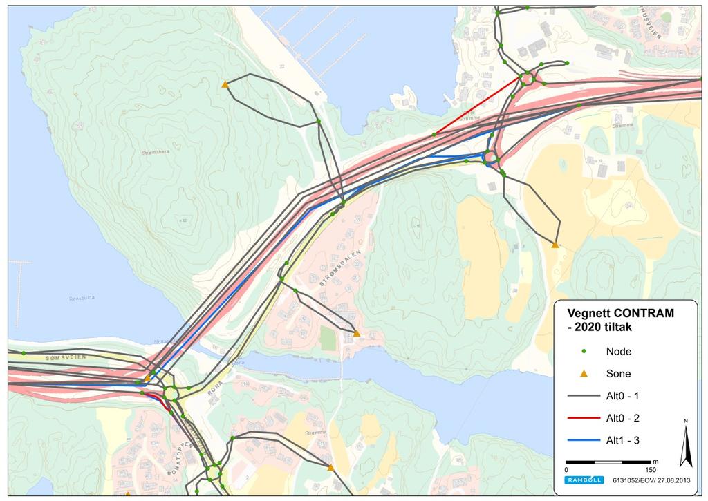 2.2 Endringer vegnett 2020 Figur 3: Vegnett CONTRAM tiltak Det er tatt utgangspunkt i alternativ 1-3 i fra rapporten «S-rap-001-Trafikkanalyse Støodden», hvor det er lagt til grunn følgende vegtiltak