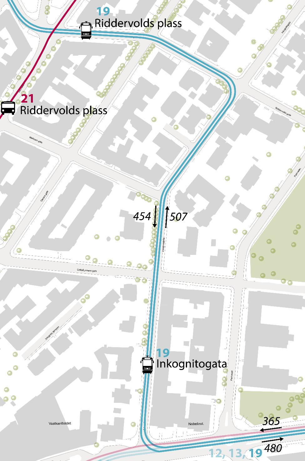 2.3 KOLLEKTIVTRAFIKK I dag går trikkelinje 19 (Ljabru Majorstuen) fra Henrik Ibsens gate, via Inkognitogata og Riddervolds gate (se Figur 2.2).