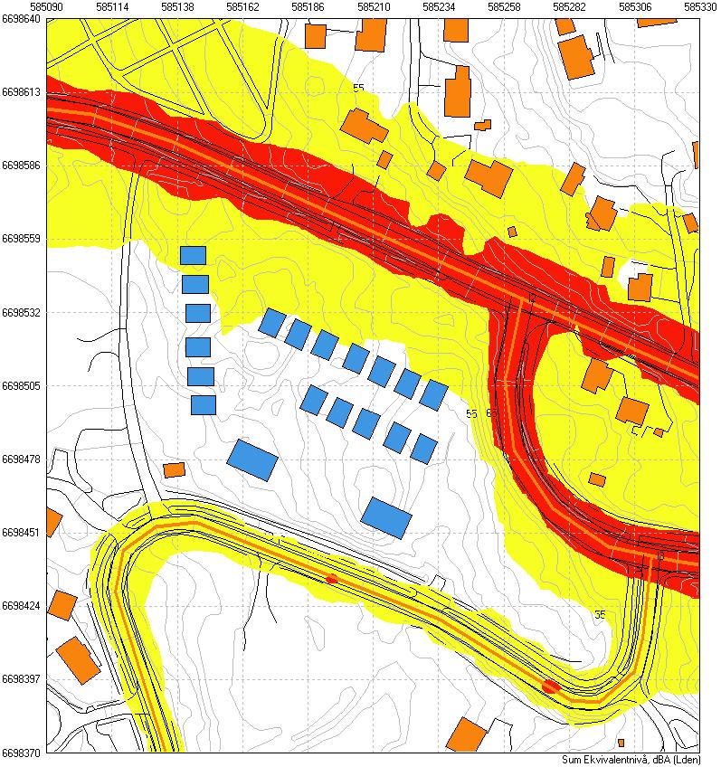 5.2. Støy i 1,5m mottakerhøyde Kart 4 viser støynivå i 1,5m mottakerhøyde som illustrerer støynivå mot bakkeplan og 1.etasje. KART 4: KARTLEGGING AV UTVENDIG STØY, LDEN 1.