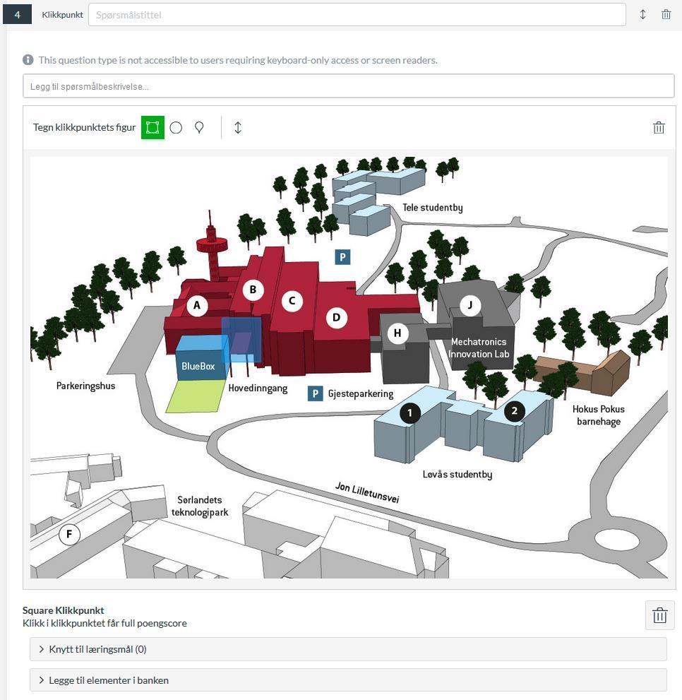 Spørsmålstypen "Klikkpunkt" Her laster du opp f.eks en illustrasjon og stiller et spørsmål der kandidaten skal klikke på det området som samsvarer med spørsmålet. F.