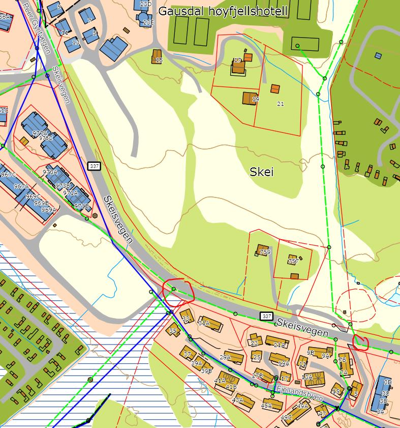 Figur 11 VA oversikt over planområdet. Nord er opp på bildet. Vann blå, Spillvann grønt stiplet og overvann sort stiplet, se vedlegg 3.