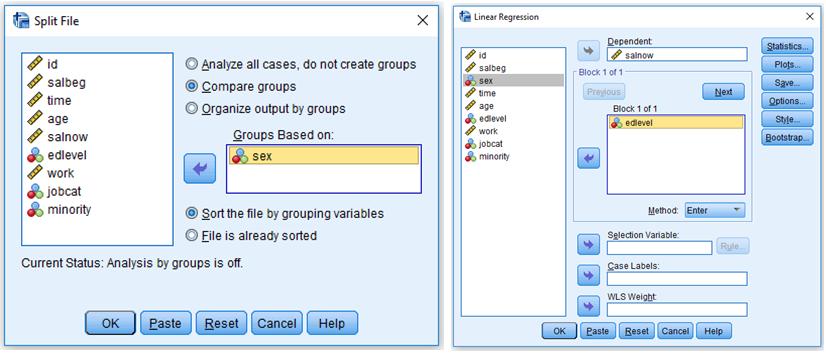 Eller dere kan bruke data, split file - og gjøre en regresjonsanalyse separat for menn og kvinner: Da får dere følgende resultat fra SPSS: Regresjonskoeffisienten for menn er da: 1.