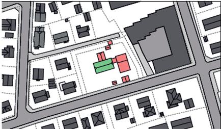 Alternativ 2 Bevare hovedhuset, men flytte det frem på tomta til det sørvestlige hjørnet mot veien. En kan plassere det på linje med den andre bebyggelsen i området og gi det godt med plass rundt seg.