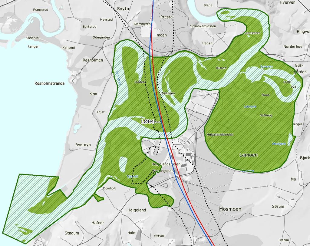 33 av 92 Figur 3.9. Viktige landskapsøkologiske funksjonsområder Storelva-Prestemoen (grønn). Veg (rød linje), jernbane (blå linje), planområde (sort stiplet linje).