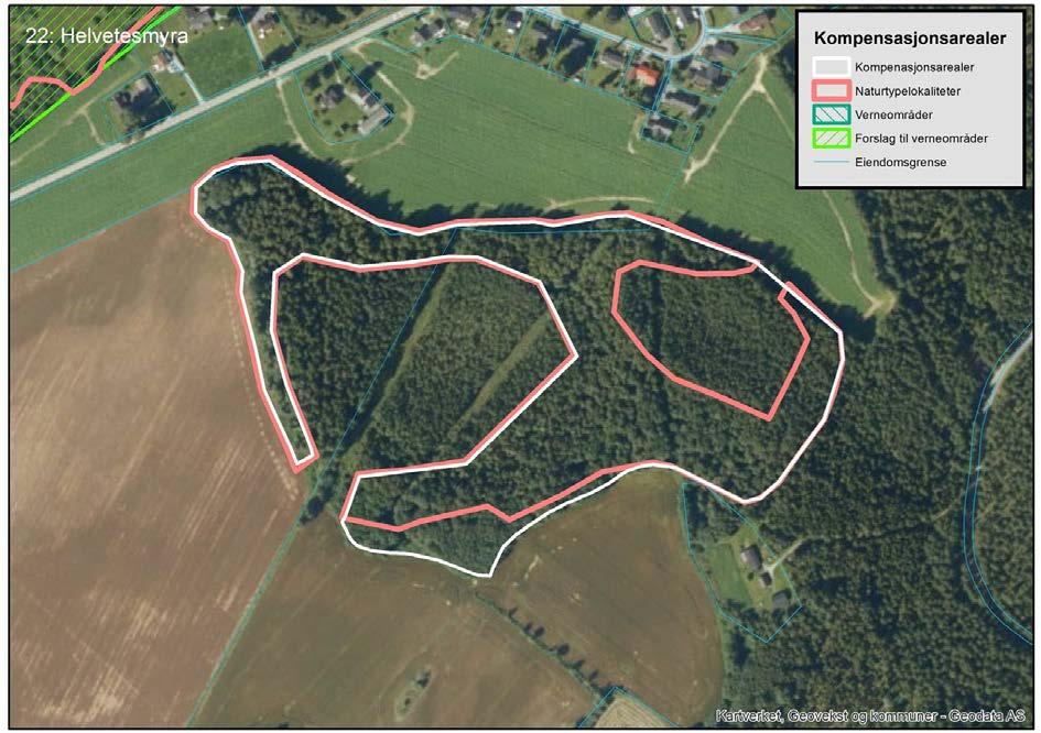 50 av 92 Kompensasjonsareal 22 Helvetsmyra (A-lokalitet) (71 daa) Kort naturfaglig beskrivelse (for detaljer, se kartleggingsrapport Bane Nor 2016) Deler av kompensasjonsarealet består av