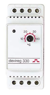 Termostat Skinnemontasje Devireg 330, DEVI Leverandør: Danfoss Modulær for DIN skinne.fast nattsenkning 5 C over ur. Vekselkontakt.