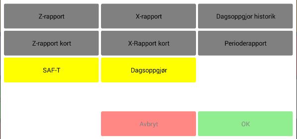 Skrive ut rapporter Innstillinger Rapporter Z-Rapport Skriver ut z-rapport fra siste dagsoppgjø. X-Rapport Skriver ut salget fra og med forrige dagsoppgjø til og med nå.