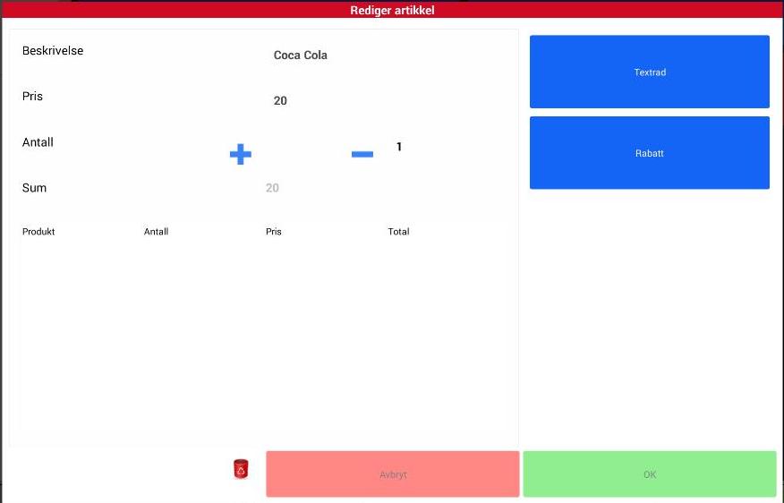 Kvittering Det man slår inn i kassen havner på kvitteringen på venstre side. Vil man øke eller redusere antallet kan man trykke på dem blå + og tastene.