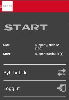 Meny Øverst på skjermen er det et rødt meny felt. Trykker man på START ikonet kommer informasjon om hvilken bruker og hvilken butikk den er logget inn på.