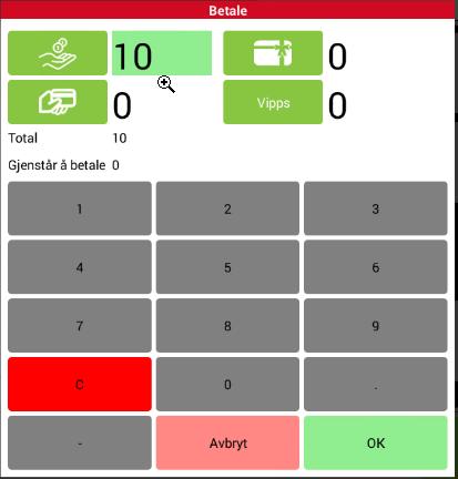 Nederst på skjermen er et grått felt med informasjon om din pågående transaksjon, dato/klokke, mva og eventuelt rabatt og totalbeløp. Knappene lengst til høyre er betaling for kort og kontant.