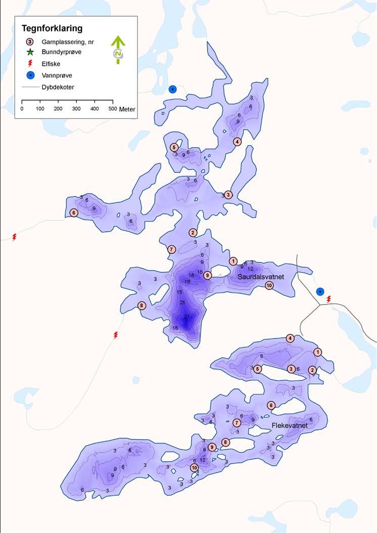 Saurdalsvatnet (Tabell 1) ligger nordvest for Ytre Lauvrak i Mykland, nord for Flekevatnet. Innsjøen er svært oppfliket i formen (Figur 5).