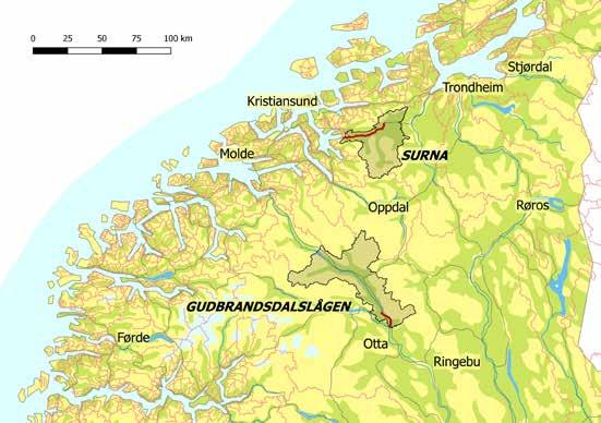 Figur 1: Oversikt over elvestrekningene som ble kartlagt, med tilhørende nedbørsfelt. utgangspunkt i veilederen for kartlegging av terrestriske naturtyper, og den ble tilpasset forholdene i ferskvann.