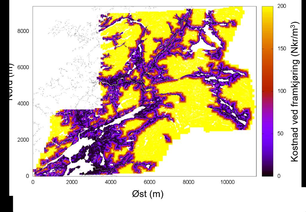 pålitelige skogdata fra SR16. Deretter ble det utviklet algoritmer for å foreslå driftsveier innen begrensninger forgitt helning (både i- og på tvers av kjøreretning) og estimering av kjørehastighet.