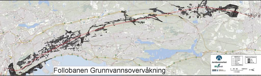 Mer enn 140 målepunkt for overvåking av vannstand, grunnvannsnivå og poretrykk langs traséen.