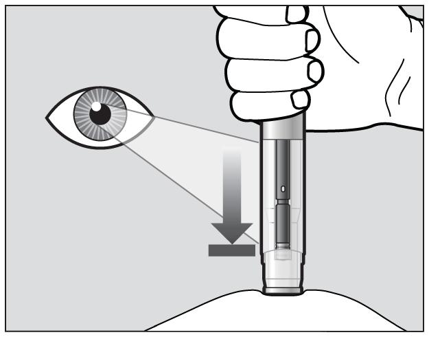 Du kan høre enda et klikk i løpet av injeksjonen, men du skal fortsette å holde den ferdigfylte pennen bestemt mot huden til den lilla indikatoren slutter å bevege seg.