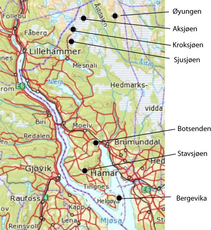 2. Program og gjennomføring De undersøkte lokalitetenes plassering er vist på oversiktskart i Figur 1. Det ble samlet inn prøver fra alle lokalitetene ved ett tidspunkt i juli 2011(11. juli og 12.