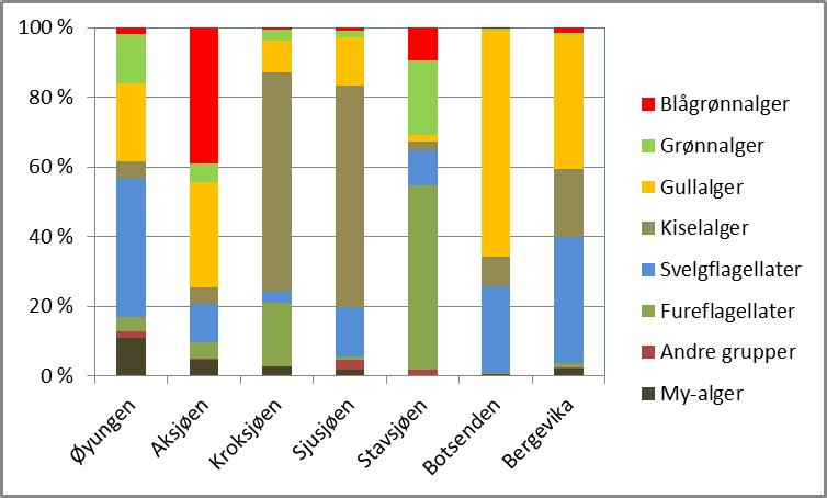 Figur 6. Prosentvis sammensetning av hovedgrupper innen planteplanktonet den 11. og 12. juli 2011. Kroksjøen Her besto planteplankton hovedsakelig av kiselalger, samt en moderat andel fureflagellater.