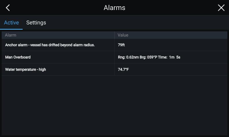 6.8 Alarmer Alarmstyring kan nås fra startskjermen. Eksempel: Liste over aktive alarmer Alarmene aktiveres av systemfunksjoner samt av eksternt utstyr som er tilkoblet skjermen din.