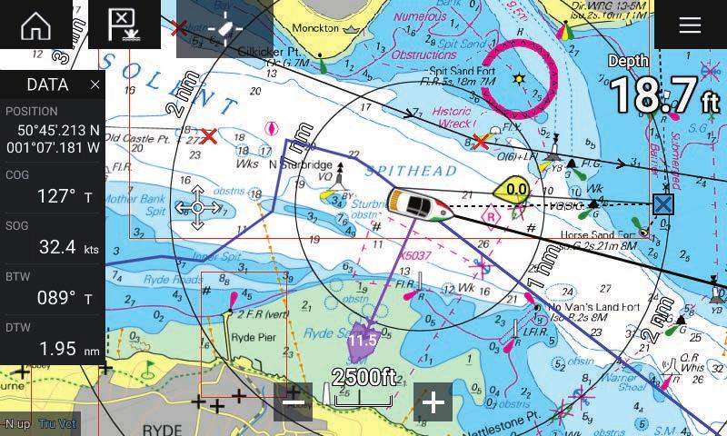 8.1 Oversikt over kartapplikasjonen Kartapplikasjonen viser en representasjon av båten din i forhold til landmasser og andre kartobjekter, noe som gjør det mulig å planlegge og navigere til ønsket