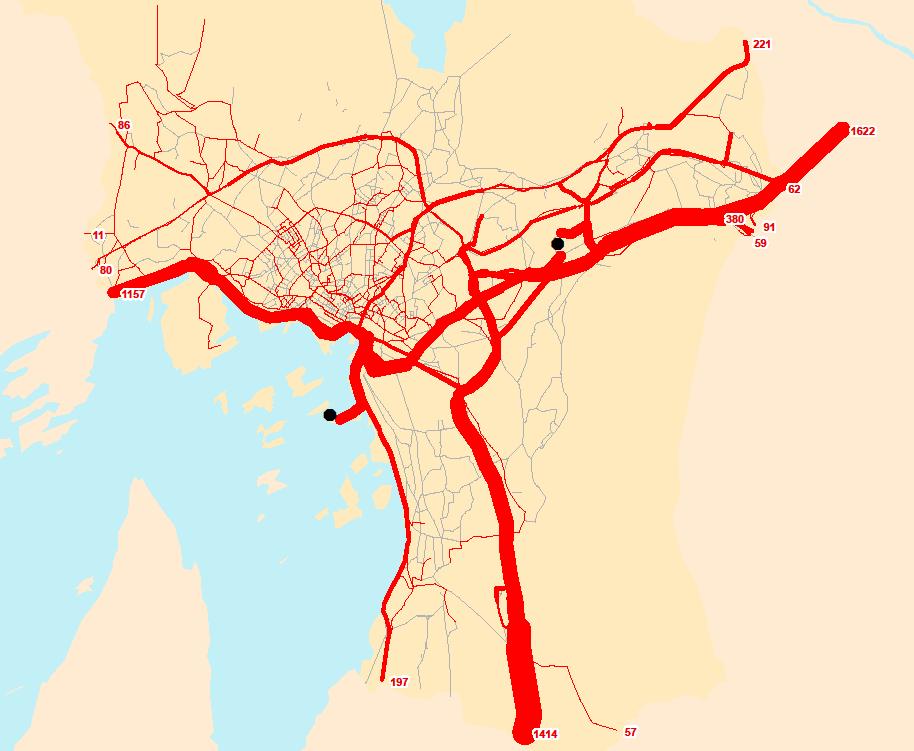 Figuren viser at de største trafikkmengdene i Oslo er på hovedvegene, og at det er nokså store godsmengder til/fra Oslo havn og Alnabru.