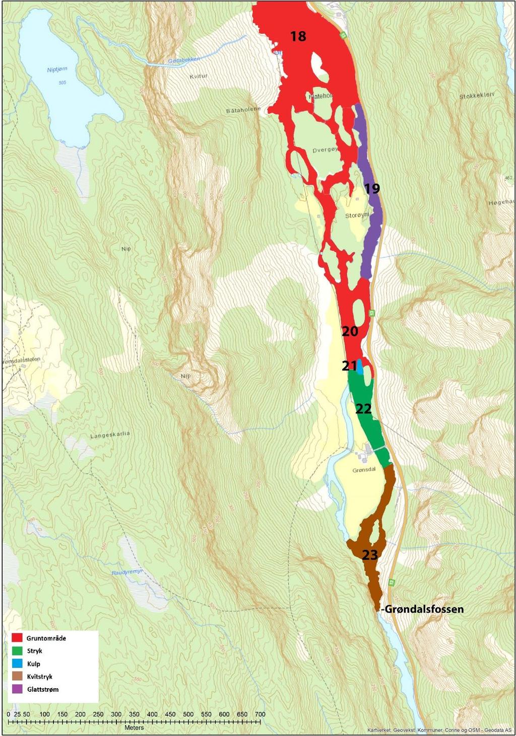 Figur 7.8. Mesohabitat i øvre del av Storelva opp til vandringshinderet ved Grønsdalsfossen, kartlagt 29. og 30. mars 2017.