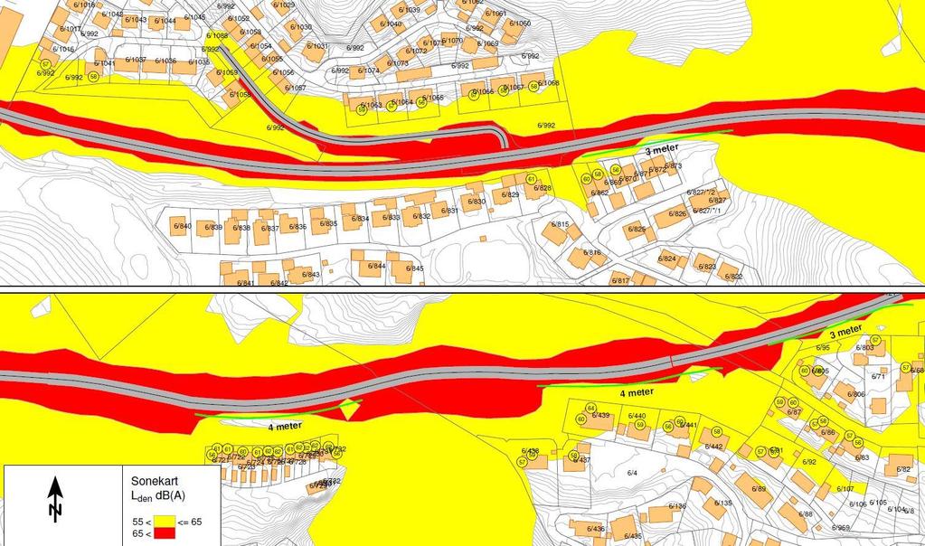 STØYUTREDNING 15 (22) Figur 6 Skjermer med høyde alternativ 2. Beregningshøyde 2 meter. I alternativ 2 vil fasadenivåer nær Sandvikveien øke med 0-4 db fra eksisterende situasjon.