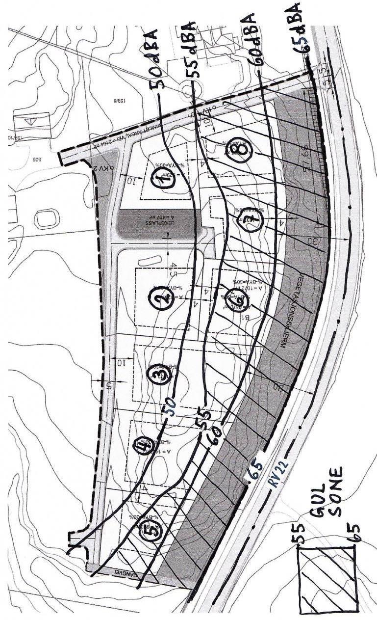 VEDLEGG: Støykoter vist på utkast til reguleringsplan, samt gul sone, som kun kan