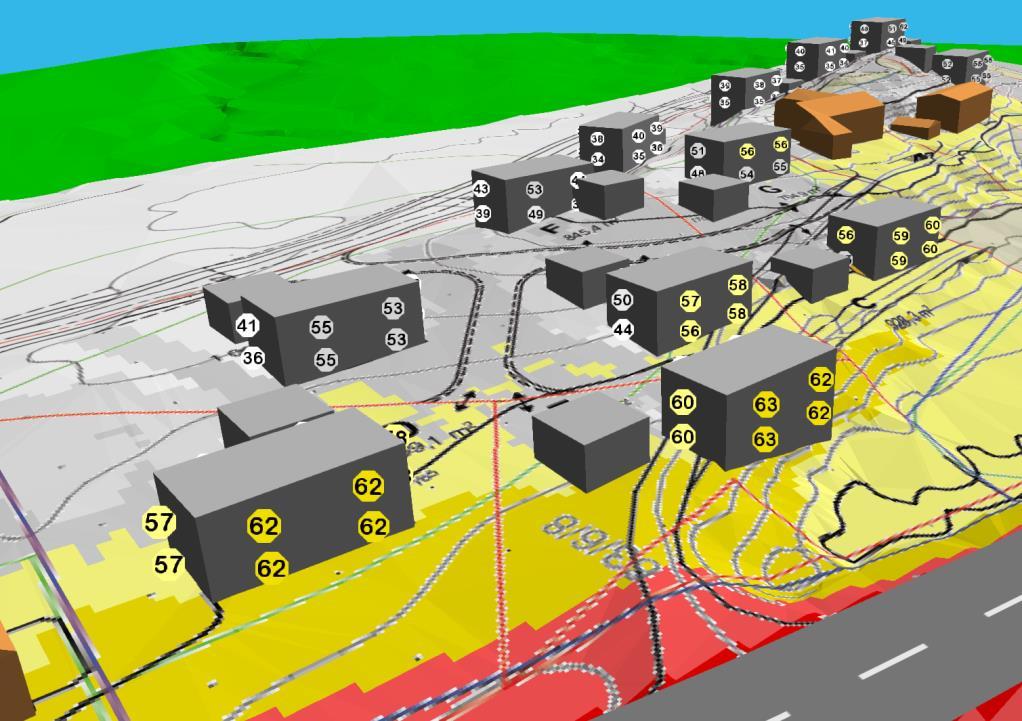 5 Resultater 5.1 Utendørs støynivå Høyeste beregnede fasadenivå på bygg (Lden) er gitt i Figur 2.