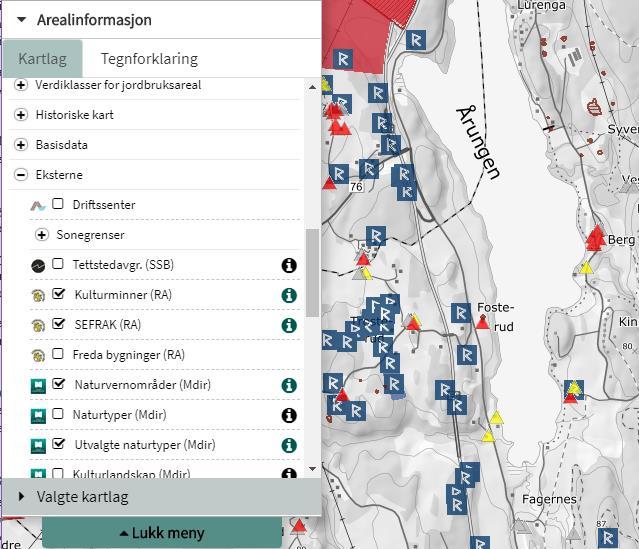 Kartlag Under hvert fagområde er det presentert en rekke ulike kartlag og karttema som kan velges og kombineres fritt i kartet.