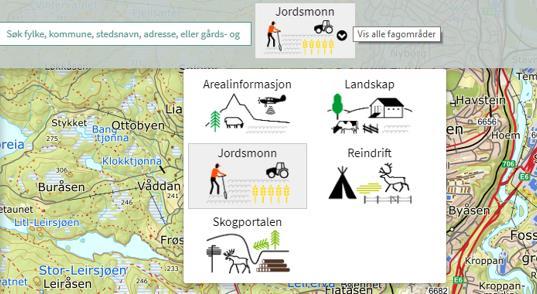 Endre fagområde Trykk og velg mellom de fem fagområdene: Arealinformasjon, Landskap, Jordsmonn, Reindrift eller Skogportalen.