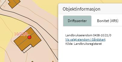 Når du klikker på et driftssenterpunkt vises kommune-, gårds- og bruks- og ev. festenummer som en egen fane i boksen for objektinformasjon.