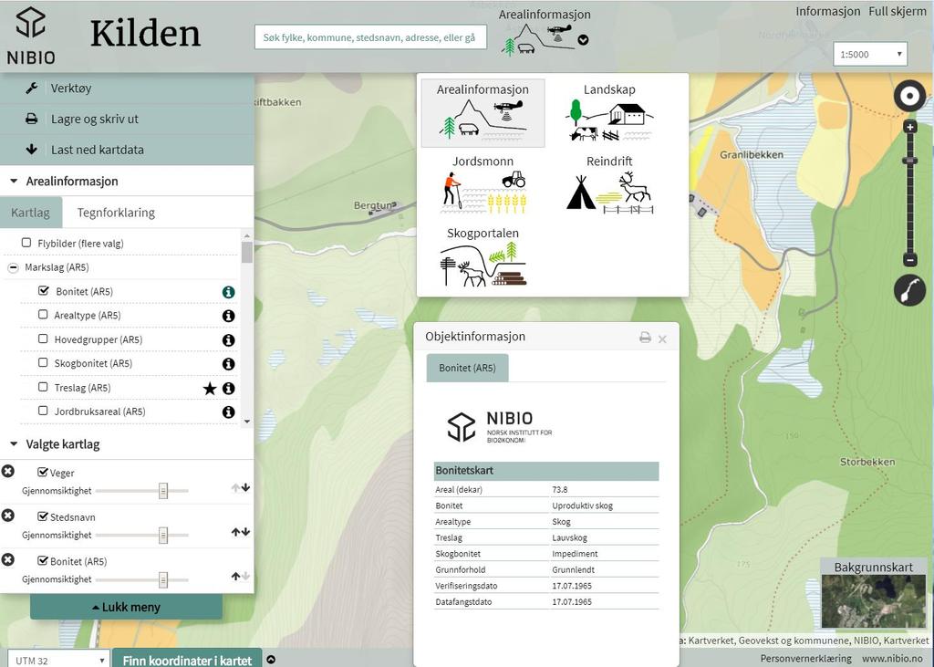 I Kilden er datasettene sortert i fem fagområder: Arealinformasjon, Landskap, Jordsmonn, Reindrift og Skogportalen.