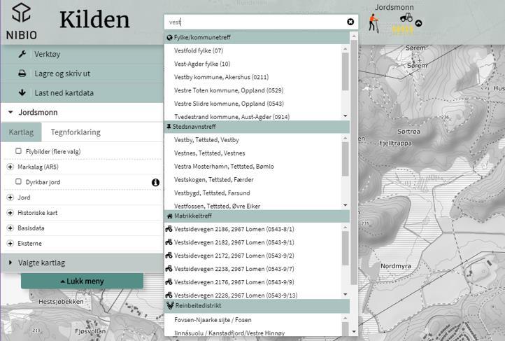 Geografisk søk For å finne ønsket område i Kilden kan du enten benytte søkefeltet eller søke fritt i kartet ved å klikke og dra deg fritt rundt ved hjelp av musa.