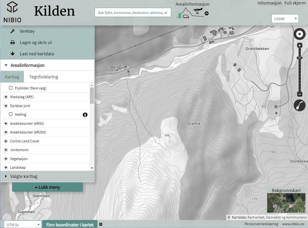 Velg koordinatsystem, skriv inn koordinater og velg «Gå til koordinat».