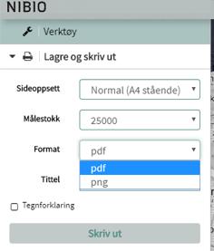 Lagre og skriv ut Du bestemmer selv hvilket kartutsnitt som skal skrives ut, ved å flytte rektangelet til ønsket område. Trykk Skriv ut for å skrive til pdf- eller png-format.