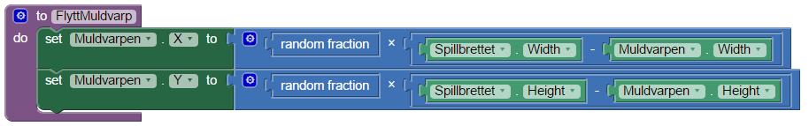 Klossen random fraction gir et tilfeldig tall mellom 0 og 1. Vi kan derfor gange denne med spillbrettets størrelse minus muldvarpens størrelse for å sette posisjonen slik vi vil.