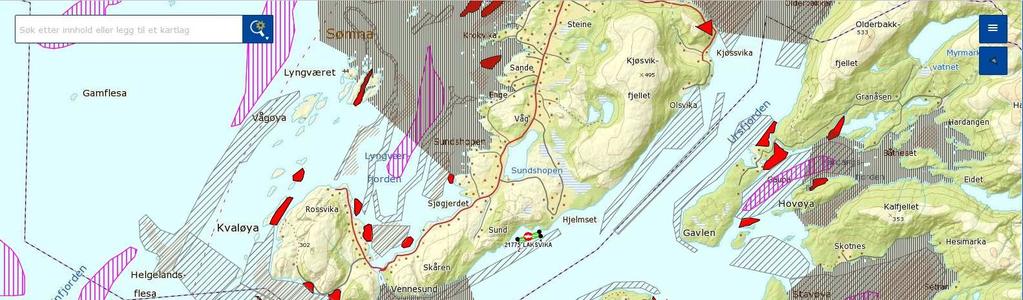 Fiskeridirektoratet har ikke registrert gyteområde for torsk og for andre arter der anlegget er plassert. Figur 8. Kartet viser oversikt over fiskefelt og gyteområder i nærheten av ny lokalitet.