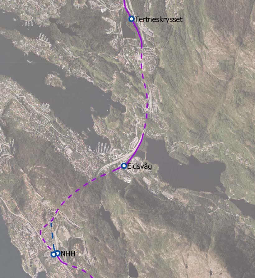 4.3 Delstrekning 3: Hatleberget (NHH) Tertneskrysset 4.3.1 Kort beskrivelse av trasé Bybanetraséen fra sentrum kommer ut fra tunnel ved Hatleberget like sør for Norges Handelshøyskole (NHH).