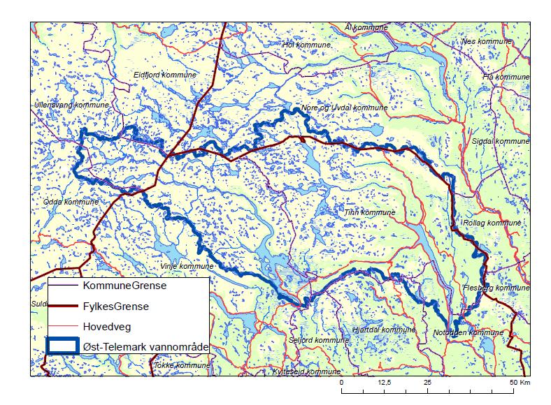 Figur 1: Kart over Aust-Telemark vassområde 2 Organisering av arbeidet i vassområdet Aust-Telemark vassområde vart etablert oktober 2010 etter vedtak i Tinn, Vinje og Notodden om deltaking i