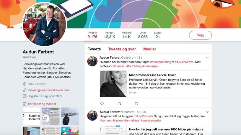 Twitter 2018 Ledende nyhetskanal Lære bort Fagfelt/nisje Uformell relasjon Personlig
